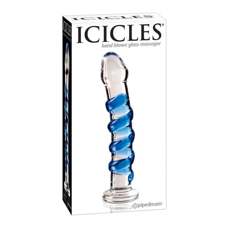 Skleněné dildo s modrou spirálou Icicles No. 5 Icicles
