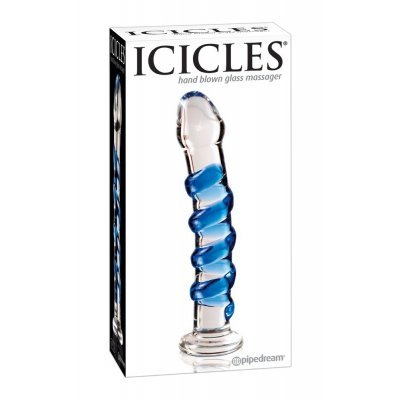 Skleněné dildo s modrou spirálou Icicles No. 5