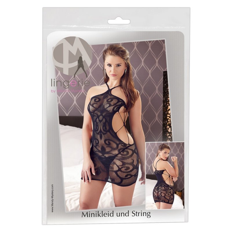 Černé minišaty s výrazným vzorem a prostřihy S-L Mandy Mystery Lingerie