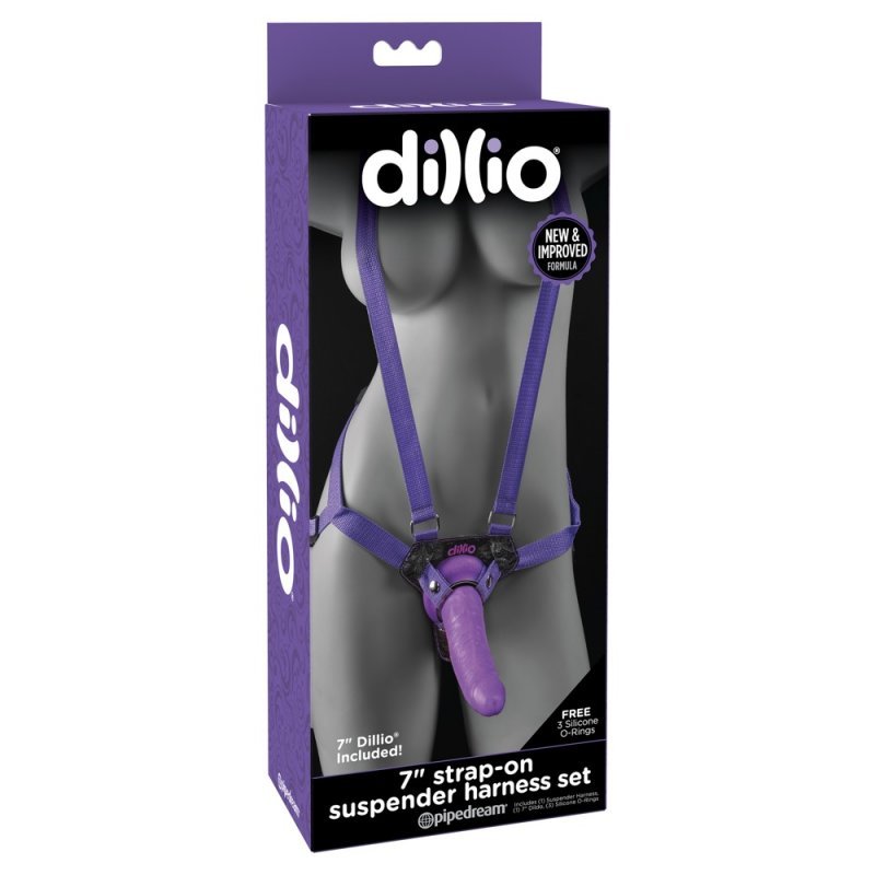 Postroj s kalhotovými šlemi s fialovým dildem a erekčními kroužky "7" Dillio