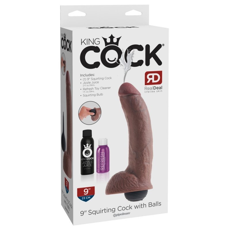 Dildo 9" s varlaty a výstřikem hnědé King Cock