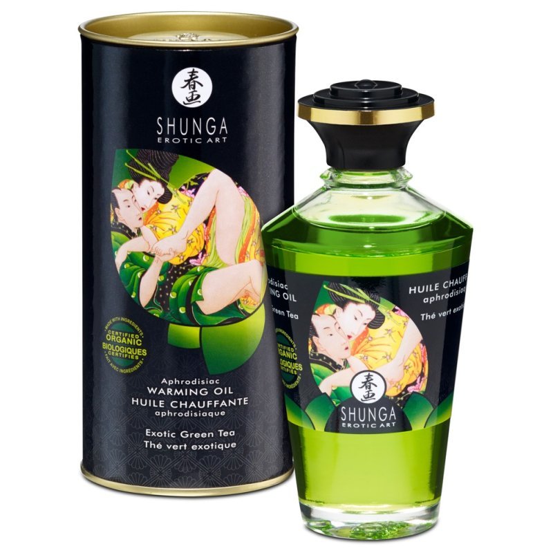 Hřejivý masážní olej s vůní zeleného čaje 100ml Shunga