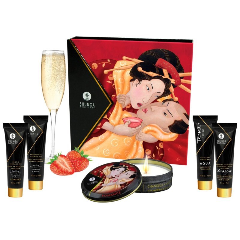 Sada Geisha pro masáž a milostné hry s vůni jahod/šampaňského Shunga