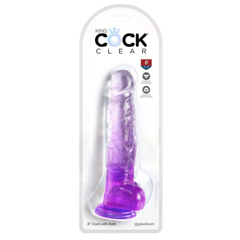 Dildo 8" s varlaty průhledné/fialové King Cock Clear